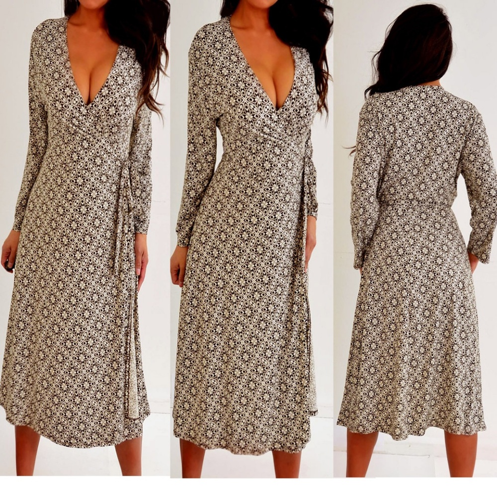 Apt 9 Brown Beige 3/4 Sleeve Wrap Dress XL - Picture 3 of 8